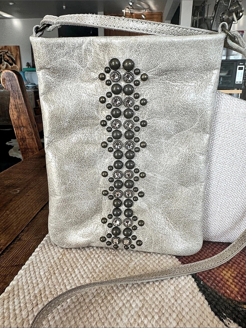 Leather Rock Made in the USA Embellished Metallic Cream Leather Crossbody Bag
